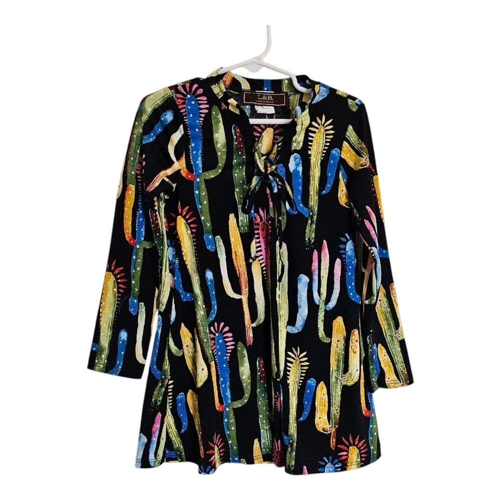 Lucky & Blessed Girls Top – Size XS – Multicolor Cactus Print on Black